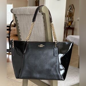 Coach Black Patent Leather Tote with Gold Accents